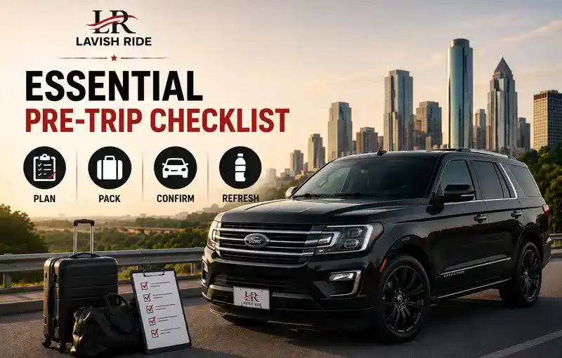 Black Ford Expedition beside travel luggage and a checklist, illustrating essential pre-trip planning, packing, travel preparation, and comfortable long-distance transportation.